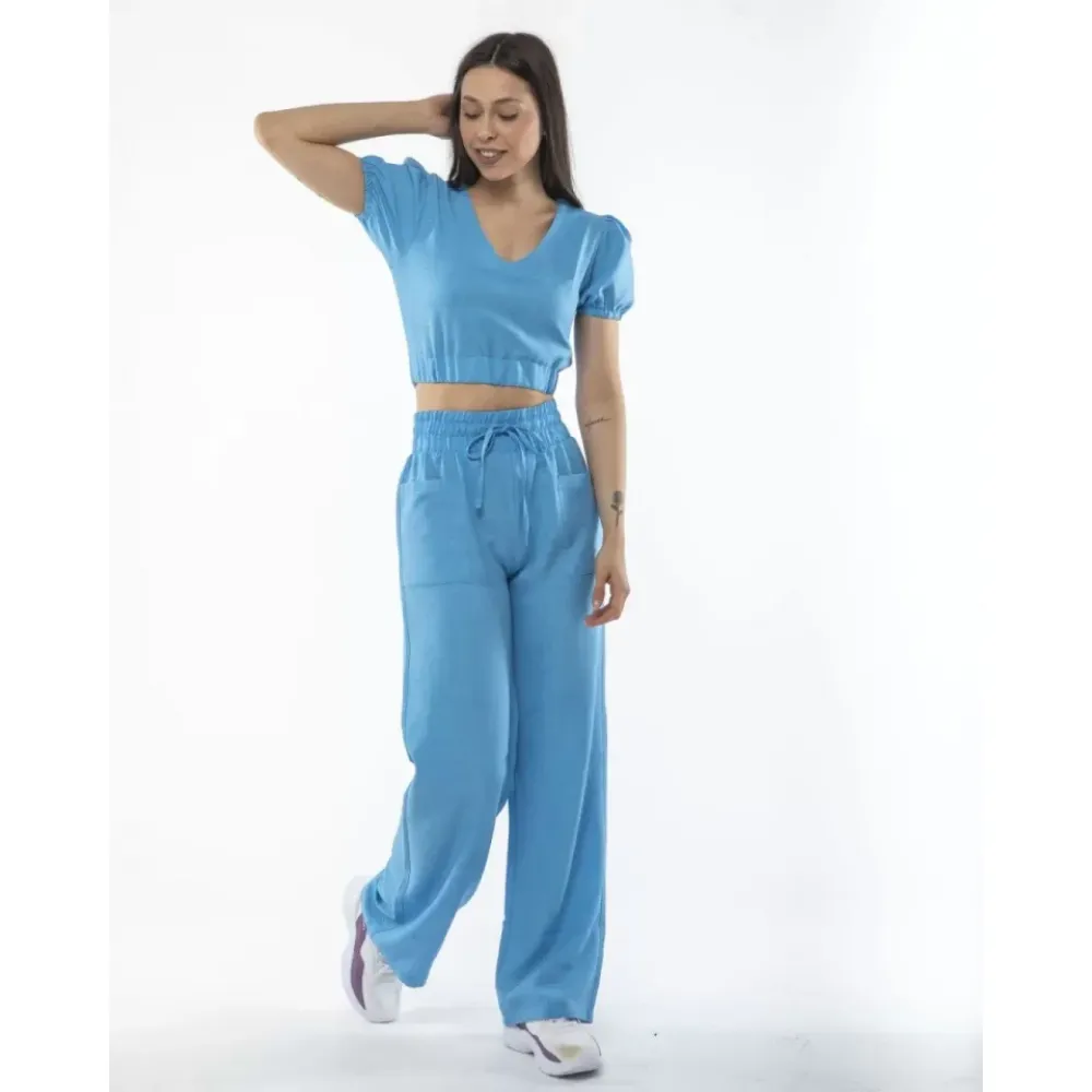 Kadin Keten Pantalon Ve Crop Takım - Mavi