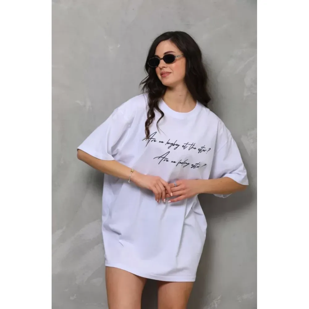 Unisex Bisiklet Yaka Baskılı Oversize T-Shirt - Beyaz