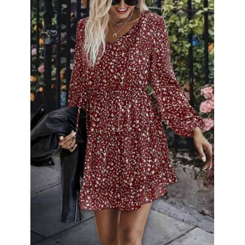 Kadın Uzun Kollu V Yaka Bağcıklı Belden Gipeli çiçek Baskılı Kısa Süprem Elbise Kadın Uzun Kollu V Yaka Bağcıklı Belden Gipeli çiçek Baskılı Kısa Süprem Elbise