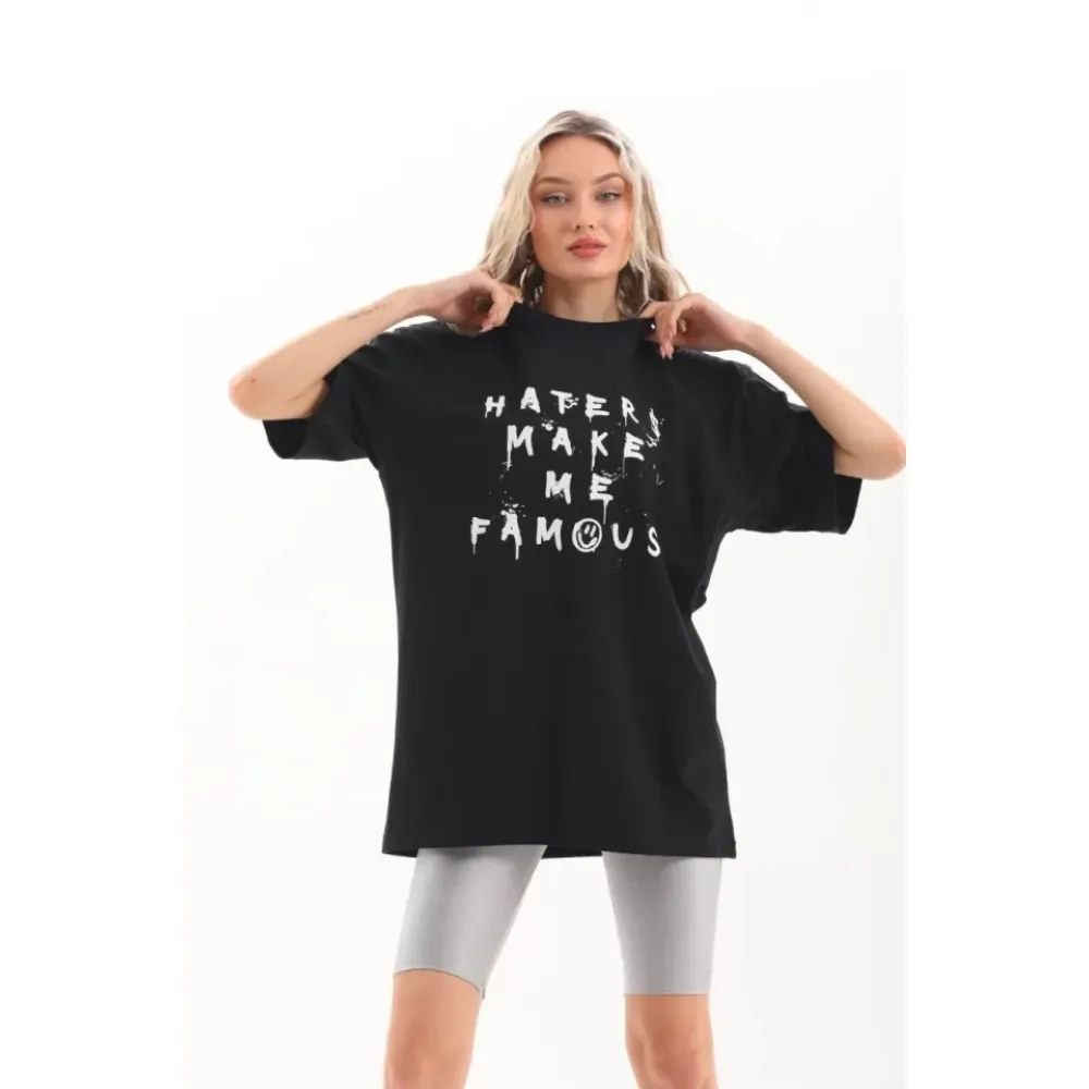 Unisex Baskılı Oversize T-Shirt - Siyah