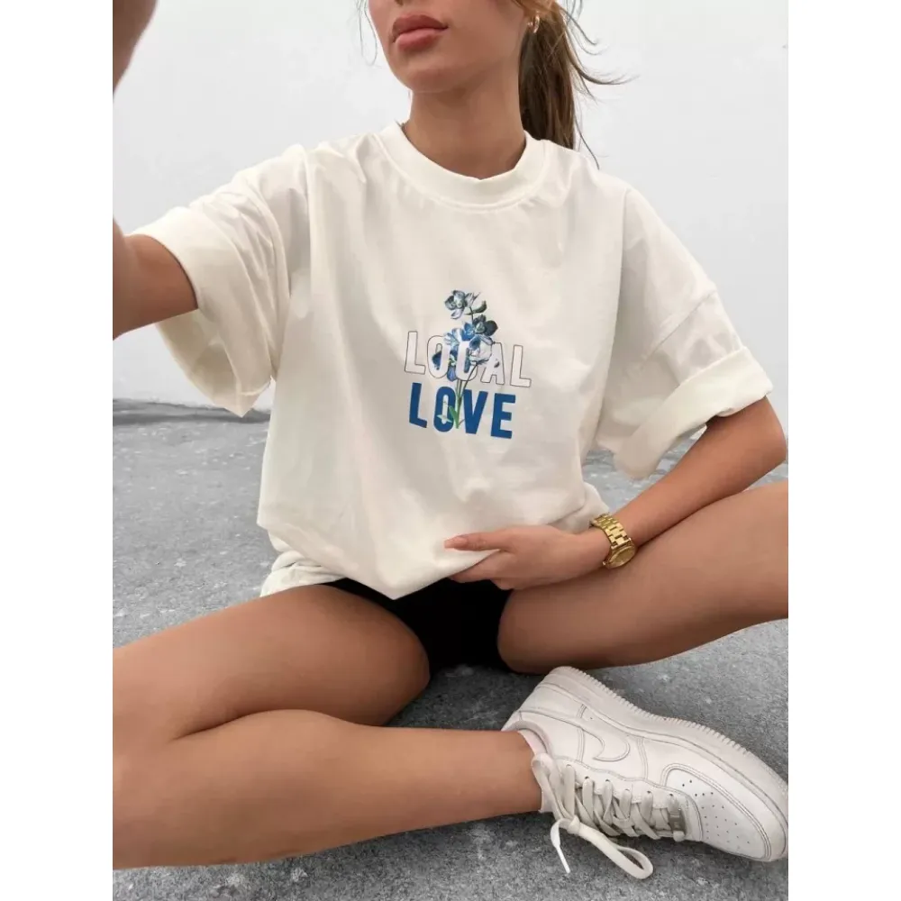 Unisex Bisiklet Yaka Baskılı Oversize T-Shirt - Beyaz