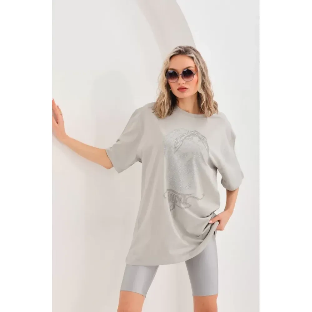 Unisex Taş Desenli Oversize T-Shirt - Gri