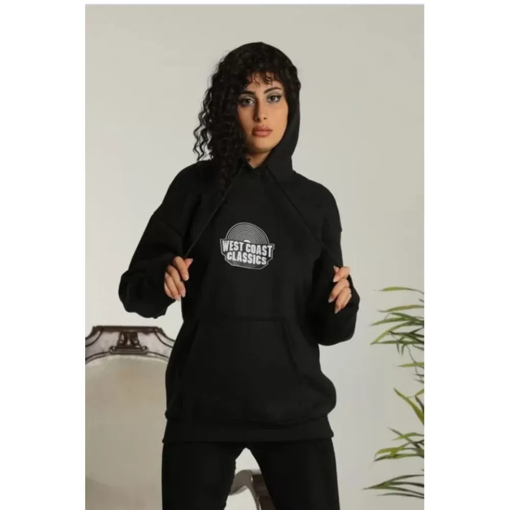 Unisex Sırt Baskılı Kapüşonlu Üç İplik Oversize Sweatshirt - Siyah