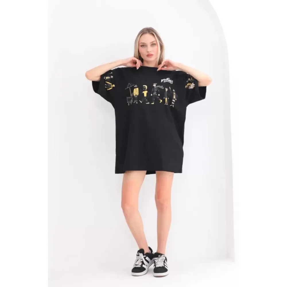 Unisex Bisiklet Yaka Baskılı Oversize T-Shirt - Siyah