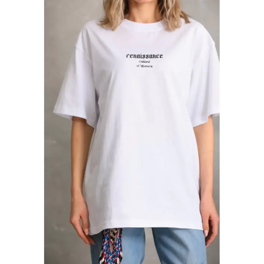 Unisex Baskılı Oversize T-Shirt - Beyaz