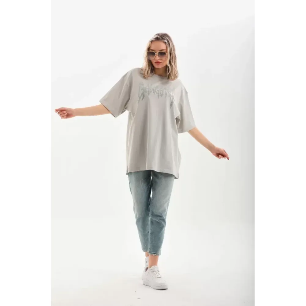 Unisex Taş Desenli Oversize T-Shirt - Gri