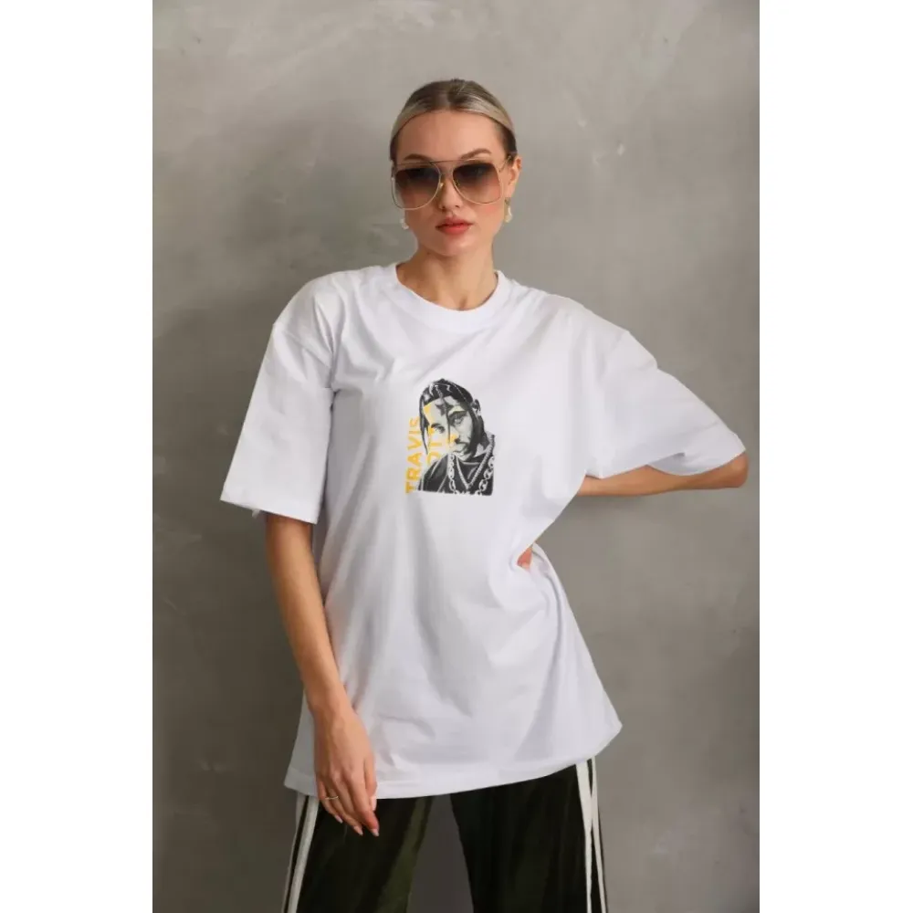 Unisex Baskılı Oversize T-Shirt - Beyaz