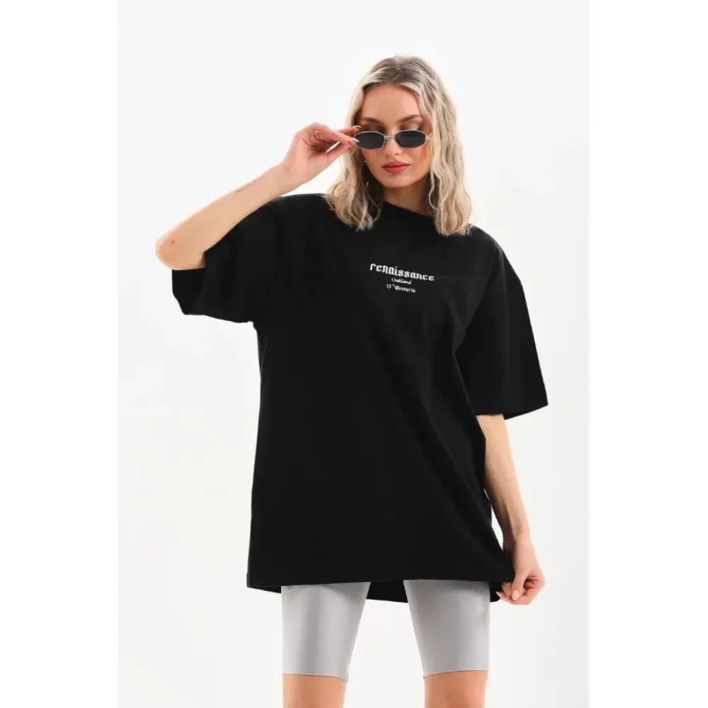 Unisex Baskılı Oversize T-Shirt - Siyah