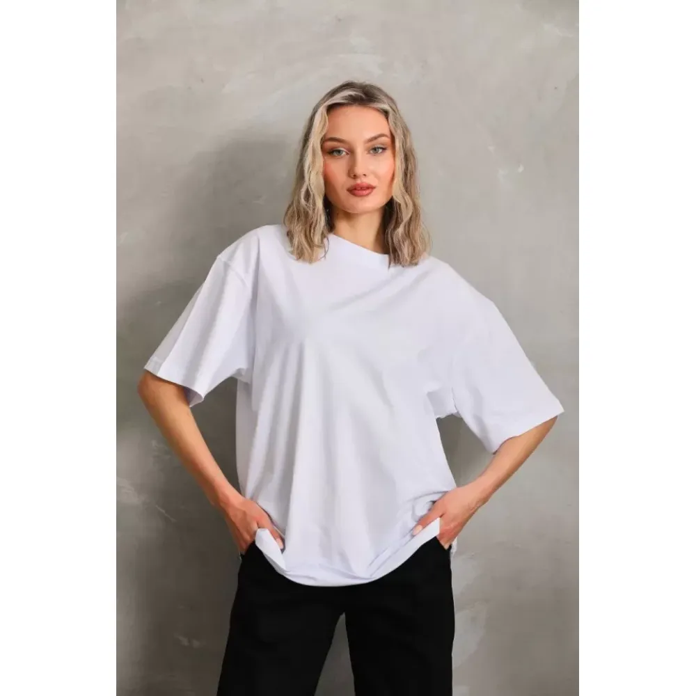 Unisex Bisiklet Yaka 20/1 Düz Oversize T-Shirt - Beyaz