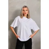 Unisex Bisiklet Yaka 20/1 Düz Oversize T-Shirt - Beyaz