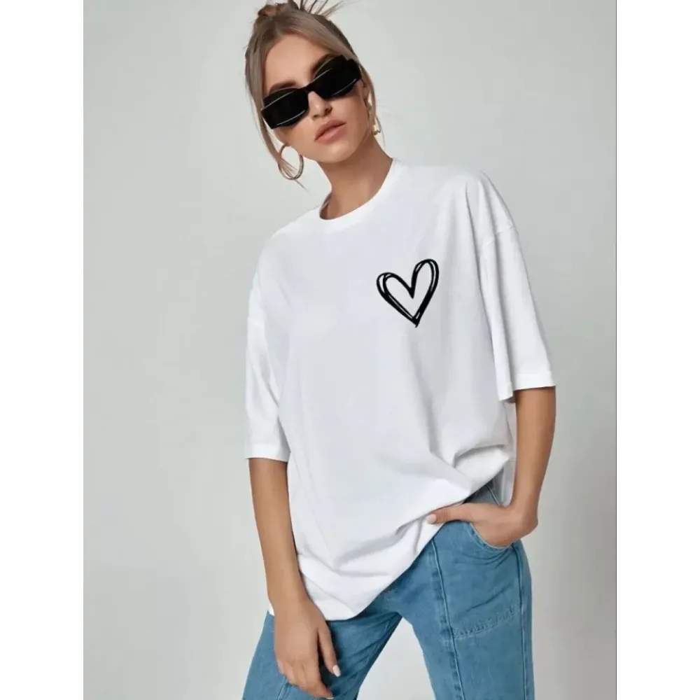 Unisex Baskılı Oversize T-Shirt - Beyaz