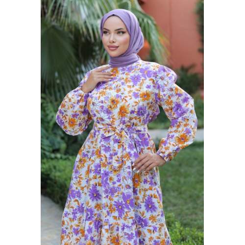 Kadın Uzun Çiçek Yaprak Desenli Belden Bağlamalı Elbise Kadın Uzun Çiçek Yaprak Desenli Belden Bağlamalı Elbise