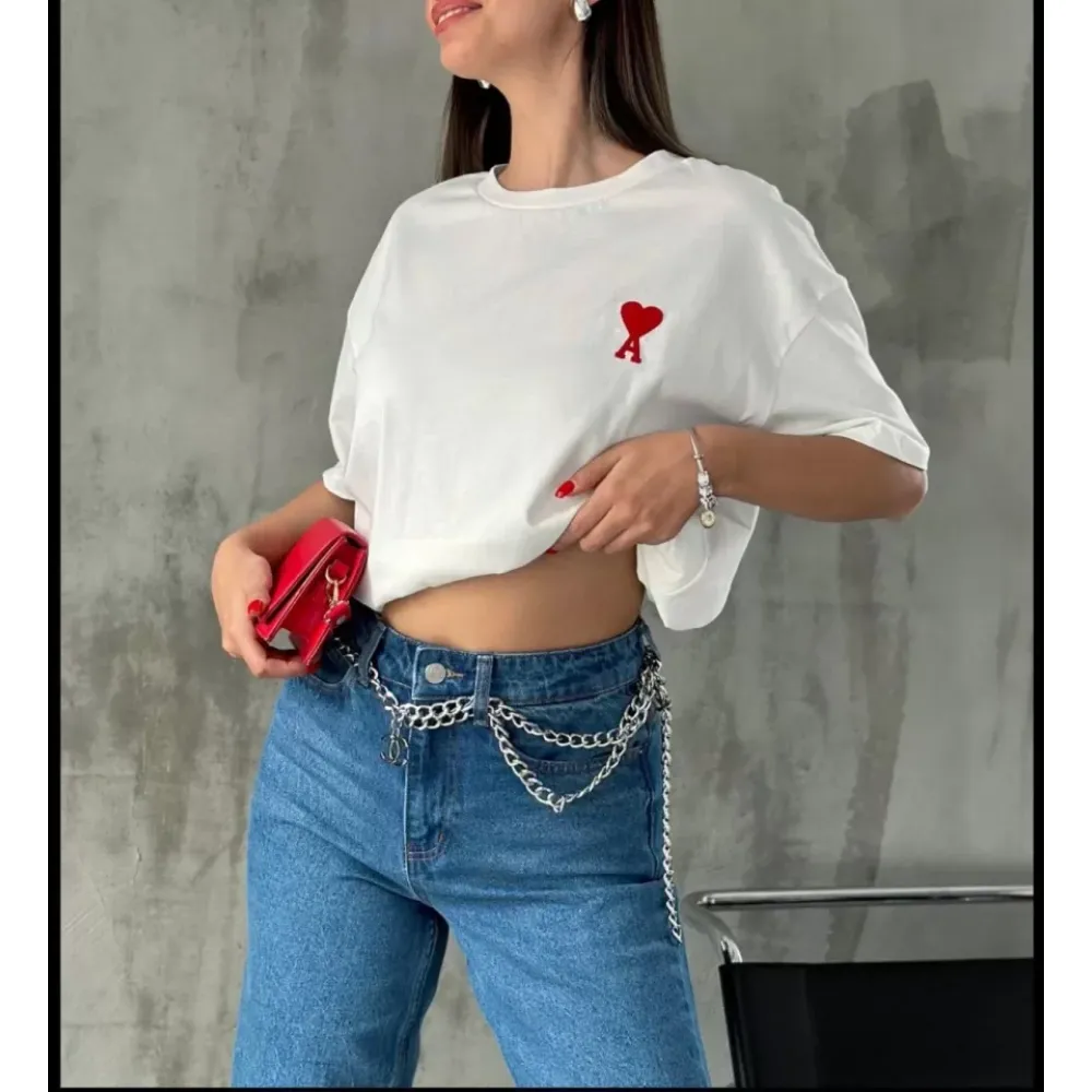 Unisex Bisiklet Yaka Baskılı Oversize T-Shirt - Beyaz