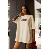 Unisex Bisiklet Yaka Baskılı Oversize T-Shirt - Beyaz