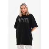 Unisex Taş Desenli Oversize T-Shirt - Siyah