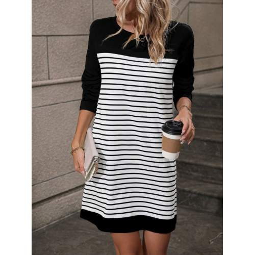 Kadın Bisiklet Yaka Uzun Kol çizgili Iki Iplik Kumaş Mini Boy Elbise Kadın Bisiklet Yaka Uzun Kol çizgili Iki Iplik Kumaş Mini Boy Elbise