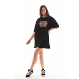 Unisex Bisiklet Yaka Baskılı Oversize T-Shirt - Siyah