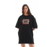 Unisex Bisiklet Yaka Baskılı Oversize T-Shirt - Siyah