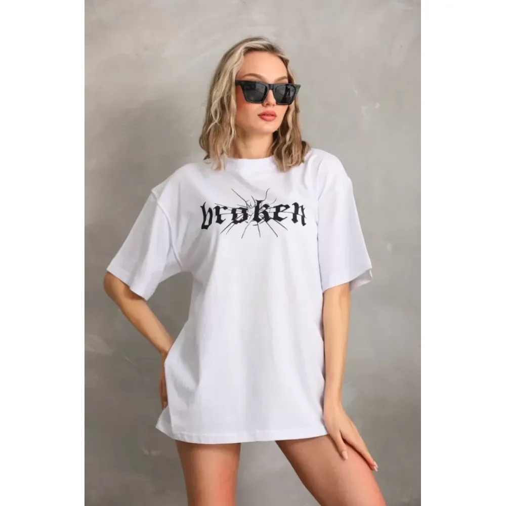 Unisex Baskılı Oversize T-Shirt - Beyaz