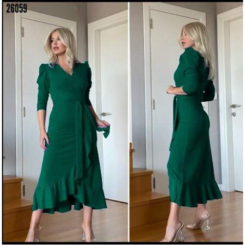 Kadın Yeşil Krep Kumaş Midi Boy Kuşaklı Uzunkol Elbise Kadın Yeşil Krep Kumaş Midi Boy Kuşaklı Uzunkol Elbise