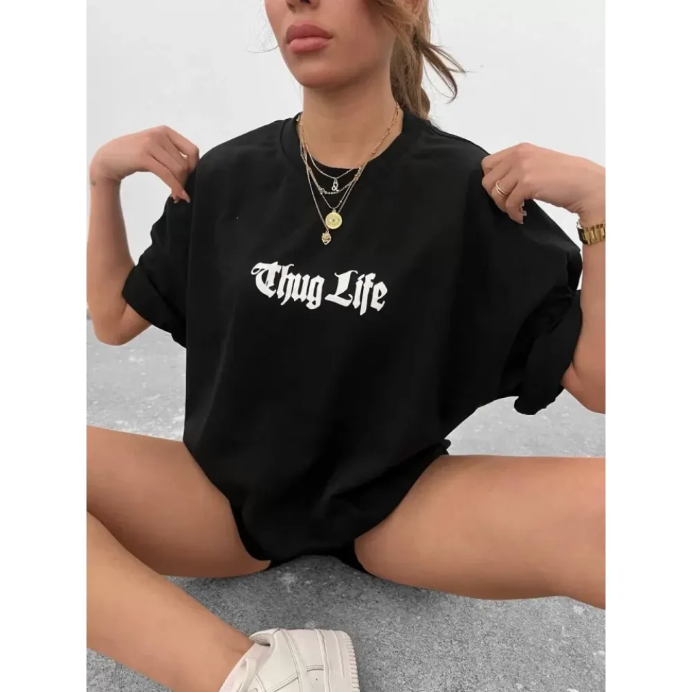 Unisex Bisiklet Yaka Baskılı Oversize T-Shirt - Siyah