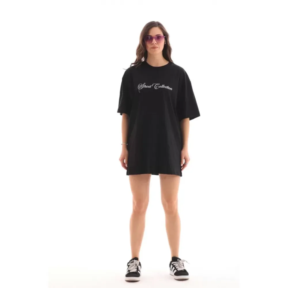 Unisex Bisiklet Yaka Baskılı Oversize T-Shirt - Siyah