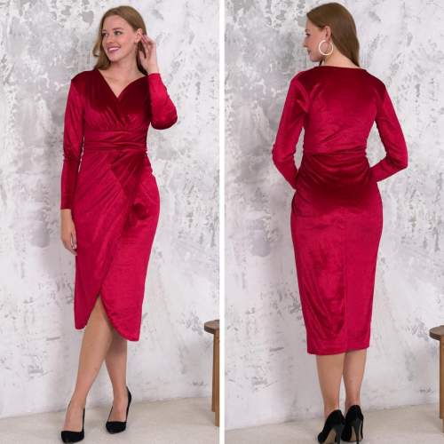 Kadın Kadife Kumaş V Yaka Uzun Kollu Midi Boy Elbise Kadın Kadife Kumaş V Yaka Uzun Kollu Midi Boy Elbise