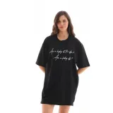 Unisex Bisiklet Yaka Baskılı Oversize T-Shirt - Siyah