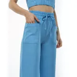 Kadin Keten Pantalon Ve Crop Takım - Mavi