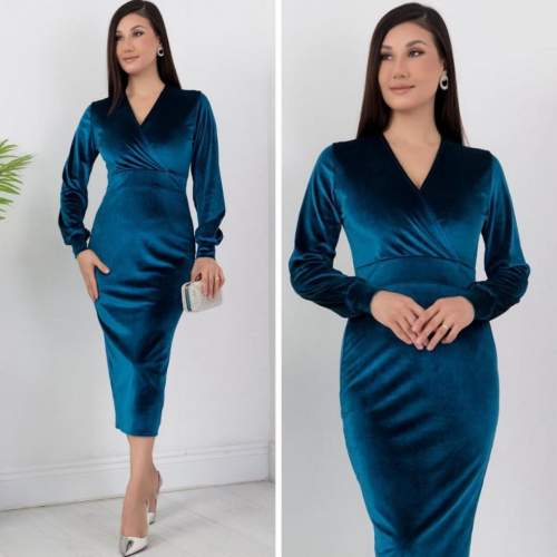 Kadın Kadife Kumaş Manşetli V Yaka Şık Kalem Elbise Kadın Kadife Kumaş Manşetli V Yaka Şık Kalem Elbise