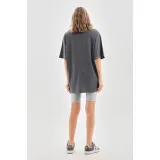 Unisex Taş Desenli Oversize T-Shirt - Füme