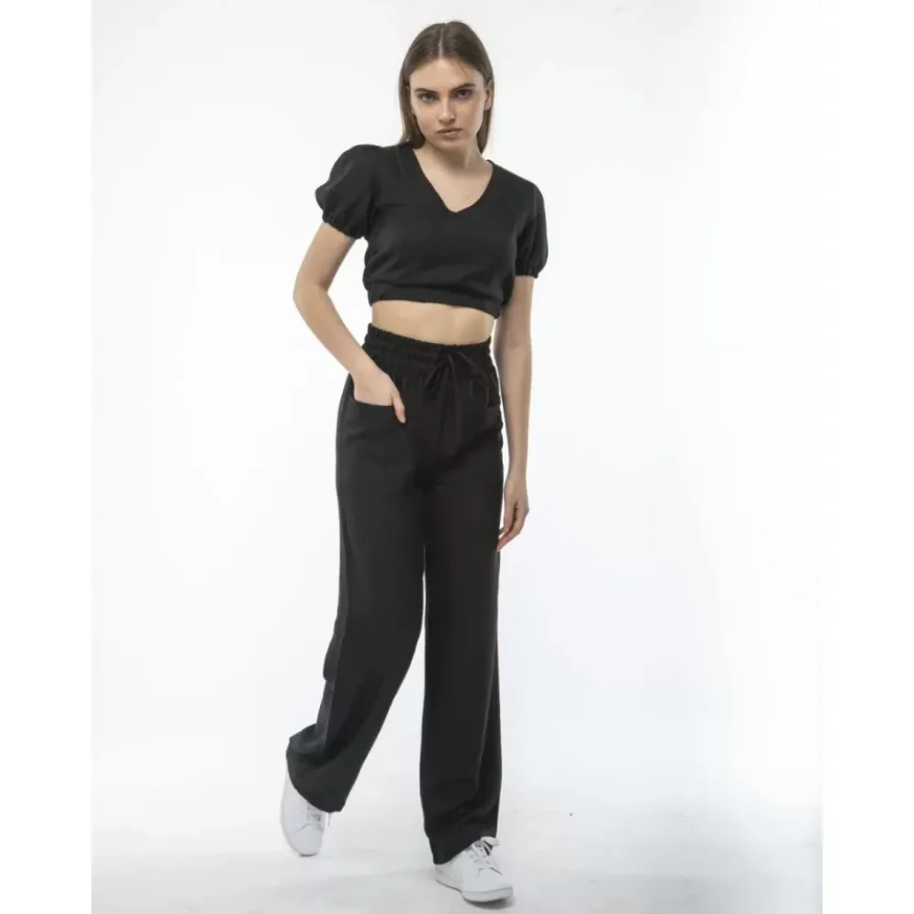 Kadin Keten Pantalon Ve Crop Takım - Siyah