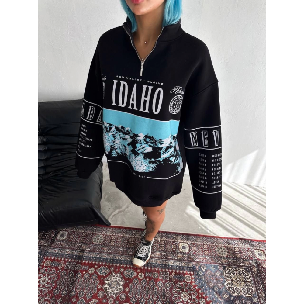 Yarım Fermuarlı Oversize Baskılı SweatShirt - Siyah