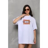 Unisex Bisiklet Yaka Baskılı Oversize T-Shirt - Beyaz