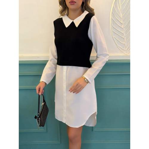 Kadın Uzun Kollu Gömlek Yaka çift Renkli Trikoton Elbise Kadın Uzun Kollu Gömlek Yaka çift Renkli Trikoton Elbise