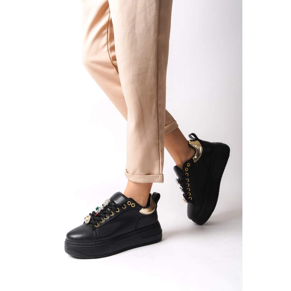 Lisinya948 Bağcıklı Ortopedik Taban Renkli Taş Dekorlu Kadın Sneaker Ayakkabı ST Siyah/Altın Lisinya948 Bağcıklı Ortopedik Taban Renkli Taş Dekorlu Kadın Sneaker Ayakkabı ST Siyah/Altın