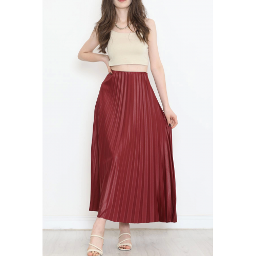 Zarif Ve Modern Pileli Parlak Krep Gizli Lastikli Bordo Etek Zarif Ve Modern Pileli Parlak Krep Gizli Lastikli Bordo Etek