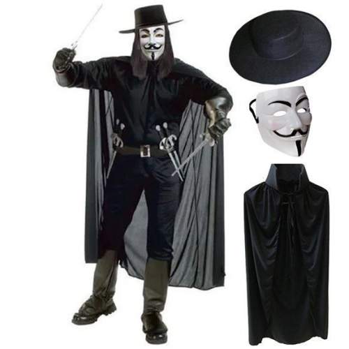 V For Vendetta Maskesi Şapkası ve Pelerin Kostüm Seti Yetişkin Boy V For Vendetta Maskesi Şapkası ve Pelerin Kostüm Seti Yetişkin Boy