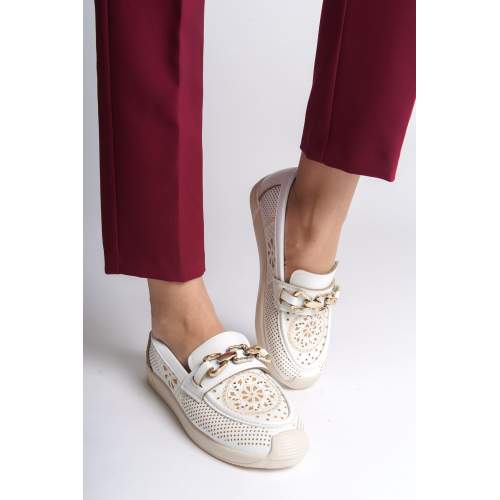 Lisinya948  Bağcıksız Ortopedik Rahat Taban Çiçek Desenli Babet Ayakkabı KT Beyaz