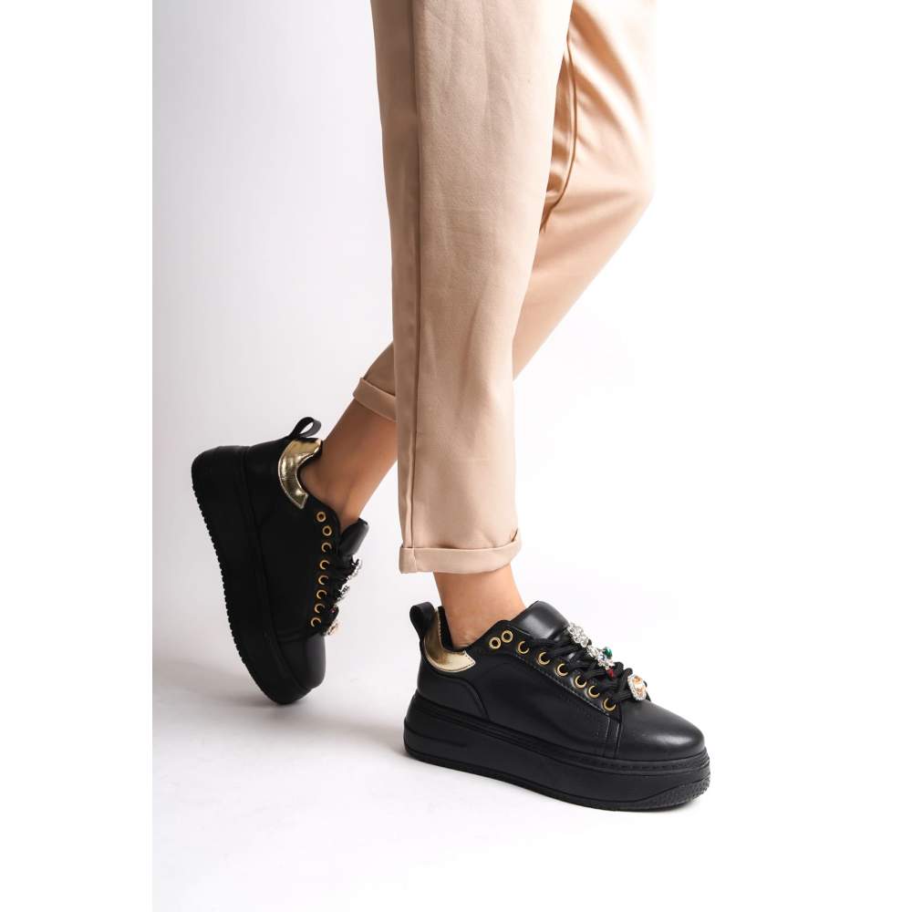 Lisinya948 Bağcıklı Ortopedik Taban Renkli Taş Dekorlu Kadın Sneaker Ayakkabı ST Siyah/Altın Lisinya948 Bağcıklı Ortopedik Taban Renkli Taş Dekorlu Kadın Sneaker Ayakkabı ST Siyah/Altın