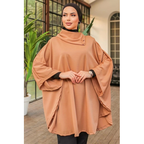 Düğme Detaylı Şık Tasarımlı Bej Şal Yaka Panço Düğme Detaylı Şık Tasarımlı Bej Şal Yaka Panço