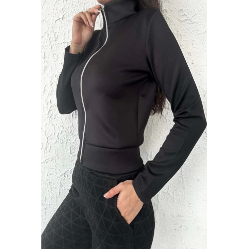 Siyah Dalgıç Kumaş Fermuarlı Crop Hırka Oversize