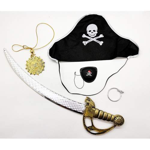Kaptan Korsan Şapkası Kılıcı Göz Bandı Küpe ve Korsan Madalyonu 5 Parçalık Kostüm Seti Kaptan Korsan Şapkası Kılıcı Göz Bandı Küpe ve Korsan Madalyonu 5 Parçalık Kostüm Seti