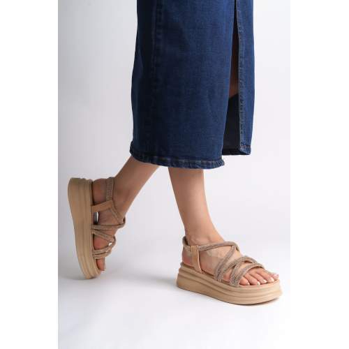 Lisinya948  Lastikli Taşlı Şeritli Ortopedik Taban Kadın Sandalet TT Ten