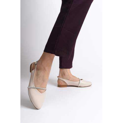 Lisinya948  Tokalı Ortopedik Rahat Taban Taş Detaylı Kadın Babet Ayakkabı KT Krem