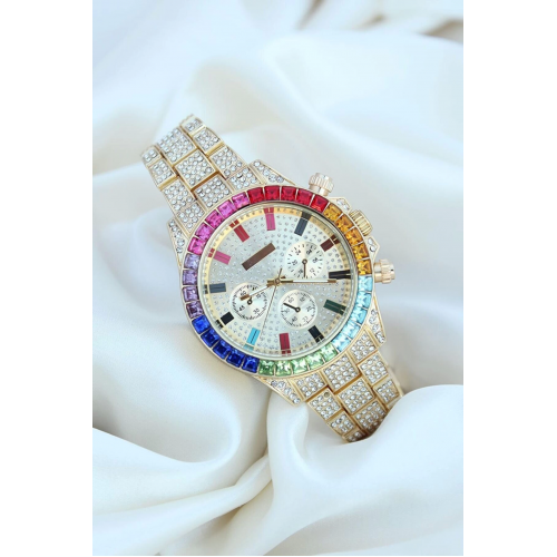 Clariss Trend Gold Metal Kordonlu Zirkon Taş Kaplama Renkli Taşlı Kasa Tasarımlı Lüx Kadın Kol Saati Clariss Trend Gold Metal Kordonlu Zirkon Taş Kaplama Renkli Taşlı Kasa Tasarımlı Lüx Kadın Kol Saati