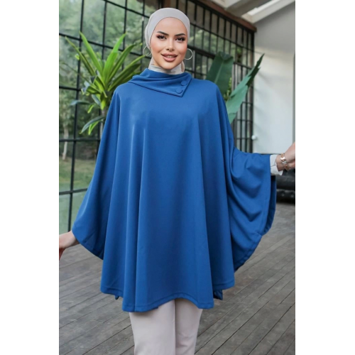 Düğme Detaylı Şık Tasarımlı Mavi Şal Yaka Panço Düğme Detaylı Şık Tasarımlı Mavi Şal Yaka Panço