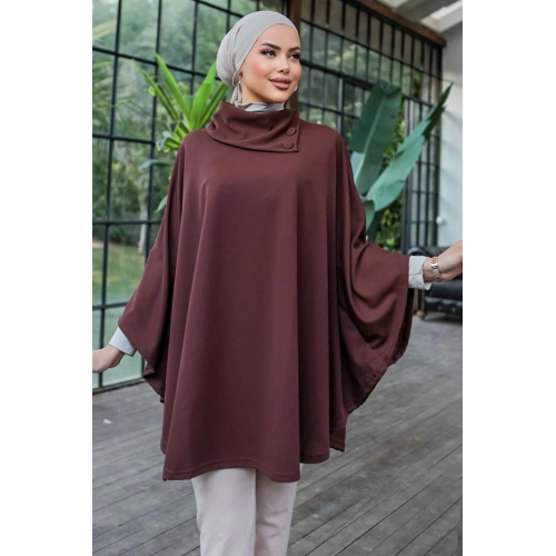 Düğme Detaylı Şık Tasarımlı Kahverengi Şal Yaka Panço Düğme Detaylı Şık Tasarımlı Kahverengi Şal Yaka Panço