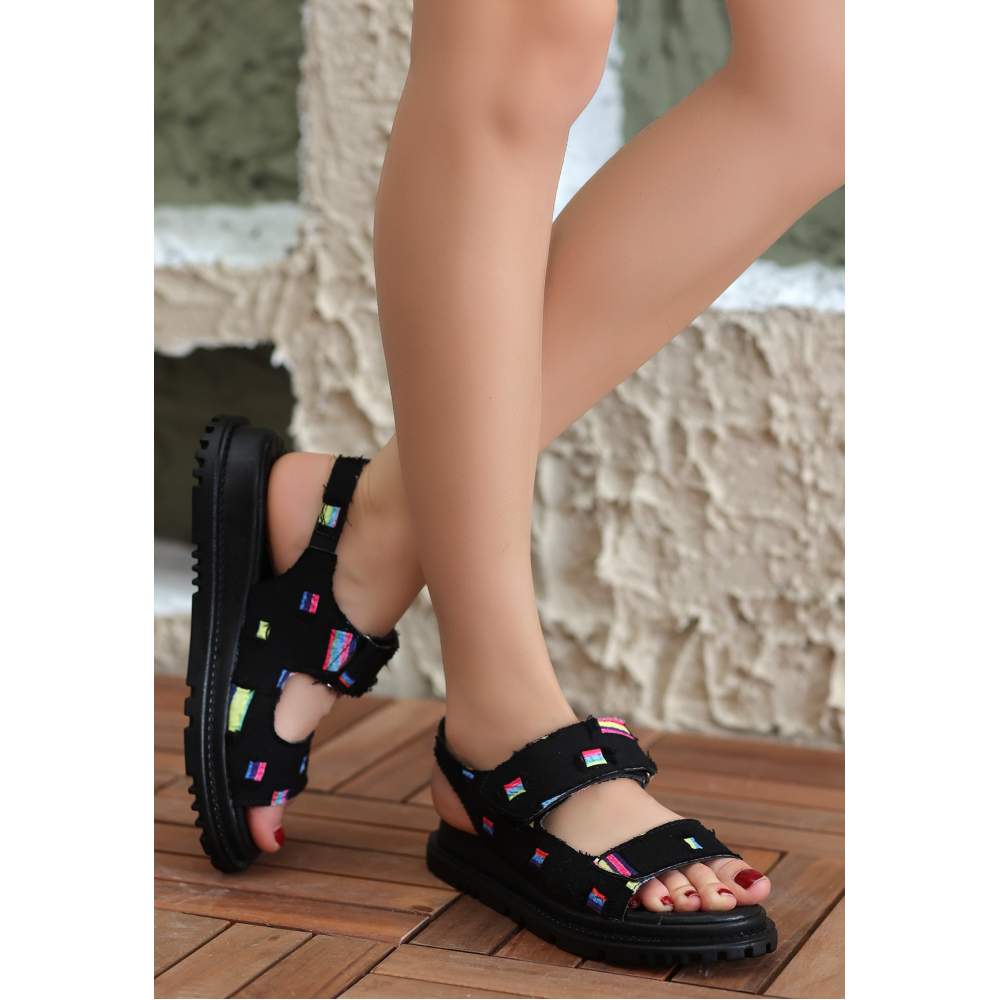 Siyah Kot Cırt Cırtlı Sandalet