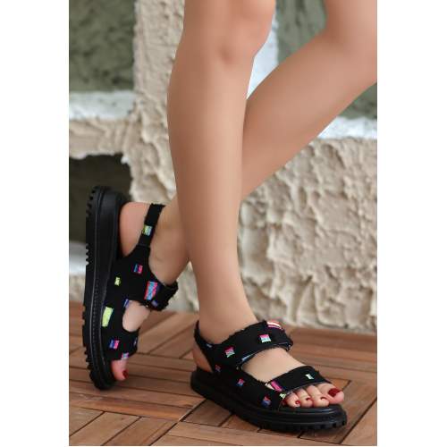 Siyah Kot Cırt Cırtlı Sandalet Siyah Kot Cırt Cırtlı Sandalet